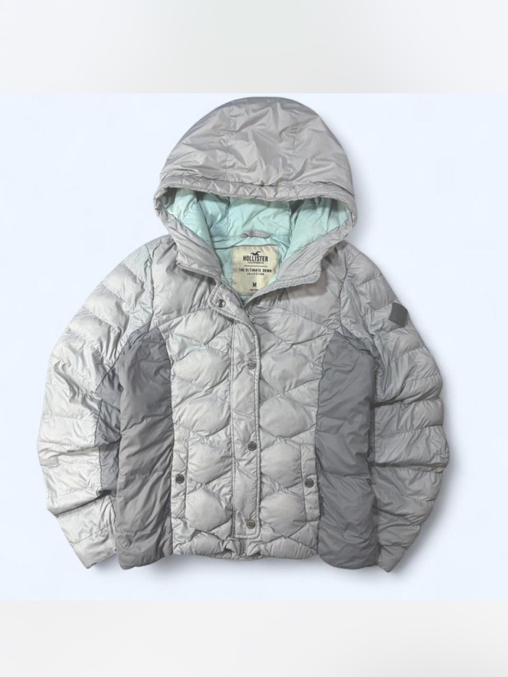 Hollister Light Gray and Charcoal Quilted Puffer Jacket with Hood